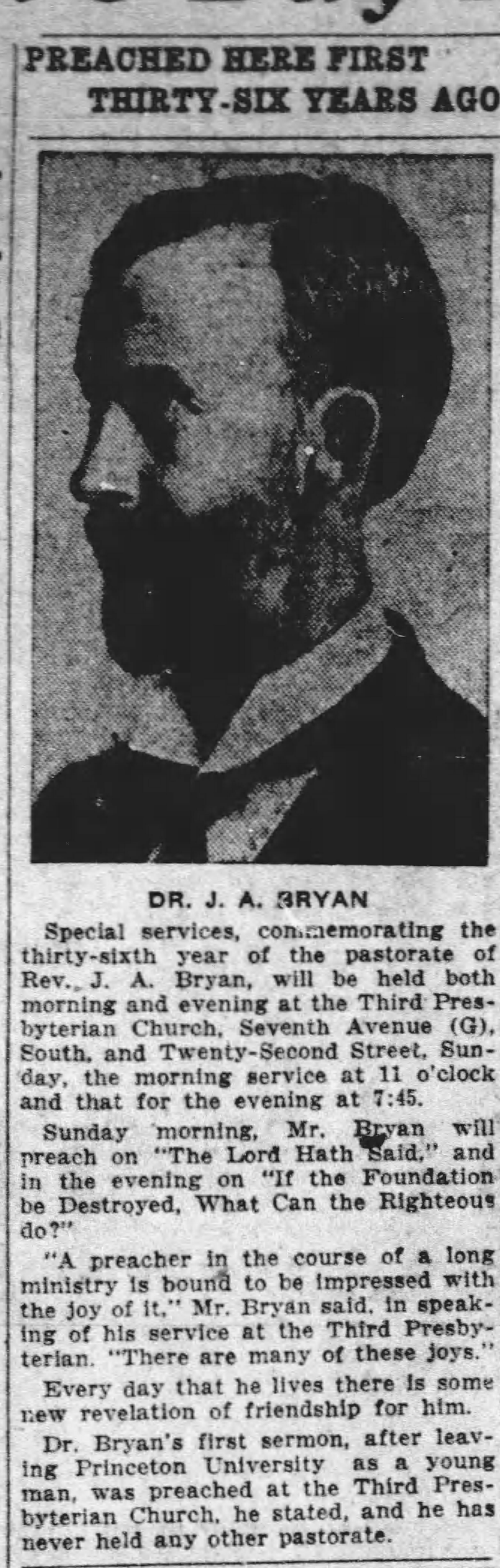 Preached Here First Thirty-Six Years Ago